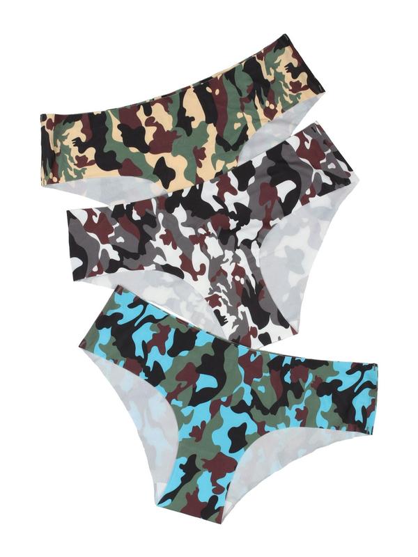 Women's All Over Camo Print Seamless Panty, Casual Comfy Breathable Drop Waist Knicker for Daily Wear, Ladies Underwear for All Seasons