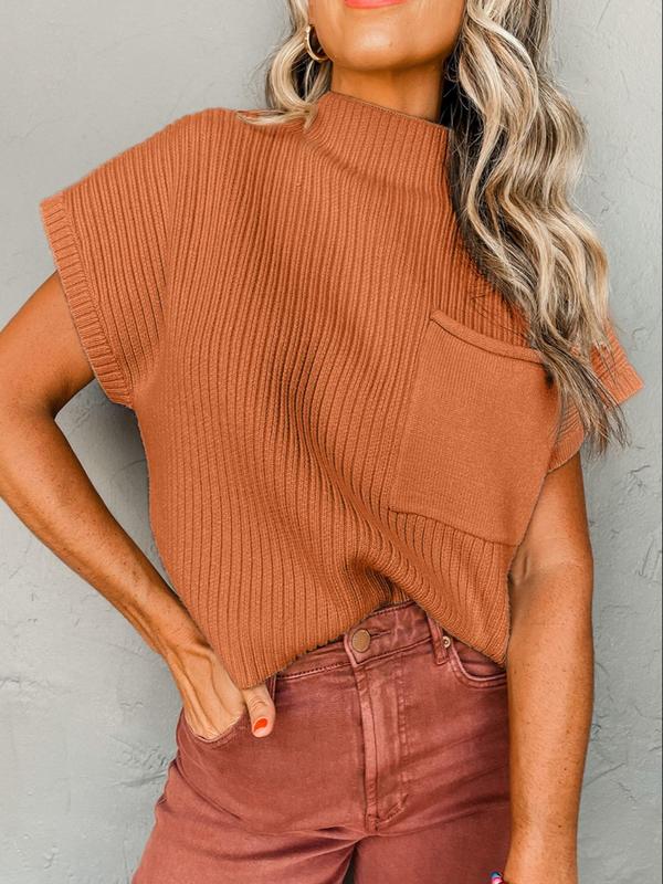 Women's Plain Pocket Batwing Sleeve Ribbed Knit Top, Fall Outfits, Casual Mock Neck Cap Sleeve Knitwear Fall Sweaters for Spring & Fall, Fashion Women's Knit Clothing for Daily Wear, Preppy 80s Clothes