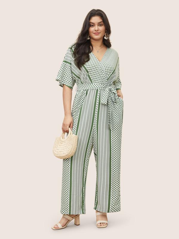 BloomChic Geometric Contrast Dolman Sleeve Pocket Belted Wrap Jumpsuit