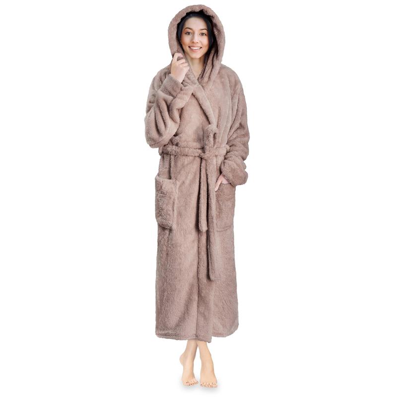 Women Hooded Plush Soft Robe | Fluffy Warm Fleece Sherpa Shaggy Bathrobe (L XL, Taupe)