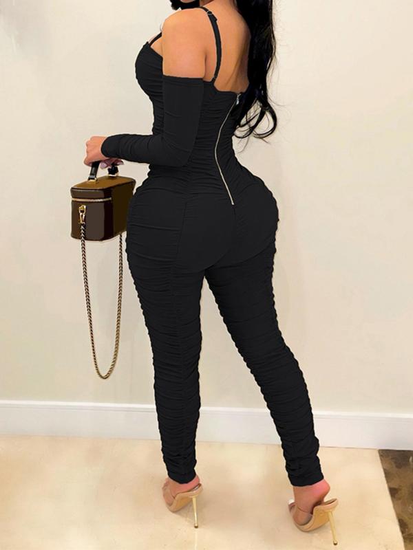 Women's Solid Ruched Cold Shoulder Skinny Jumpsuit, Fashion Casual Long Sleeve Jumpsuit for Party Club Dating Wear, Jumpsuit for Women, Women Jumpsuits for Spring & Fall