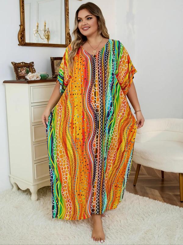 Plus Size Women's All Over Print Batwing Sleeve V Neck Dress, Muumuu Dress, Boho Casual Half Sleeve Long Dress for Daily Holiday Vacation Wear, Maxi Dresses for Summer, Ladies Clothing for Summer, Birthday Dress for Women Black Girl Outfits Utah Girl Fits