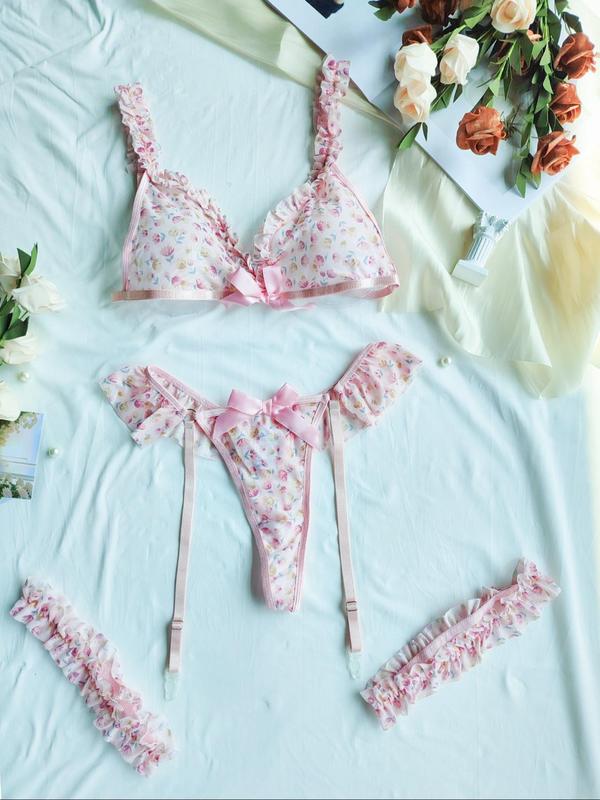 Women's Ditsy Floral Print Lingerie Set, Sexy Bow Decor Bra & Thong & Garter Belt & Leg Bands Set, Women's Lingerie & Underwear for All Seasons