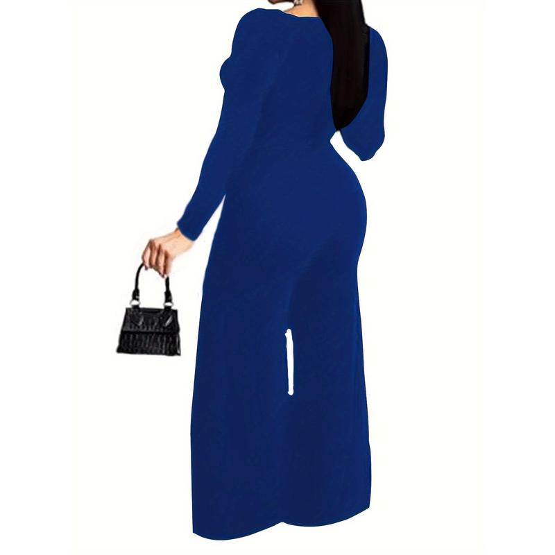 Solid Color Split Leg Jumpsuit, Stylish Long Sleeve V Neck Jumpsuit, Women's Clothing