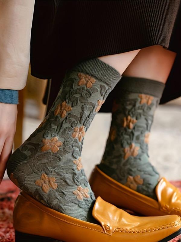 Women's Colorblock & Floral Jacquard Crew Socks, Vintage Fashion Casual Comfy Socks for Daily Wear, Women Socks for Fall & Winter, Fall Wear, Fallfreshness