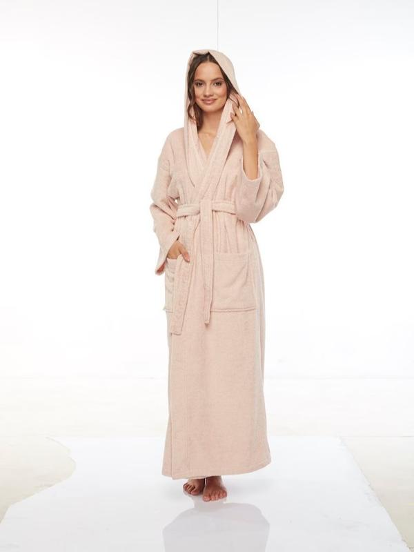 Women's Hooded Empress Cotton Terry Bathrobe Full Length Long, Belt Womenswear Comfort Gowns Pockets Nightwear Style Lady