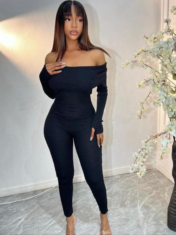 Women's Solid Off Shoulder Long Sleeve Jumpsuit, Casual Comfy Bodycon Jumpsuit for Daily Wear, Ladies Clothes for All Seasons