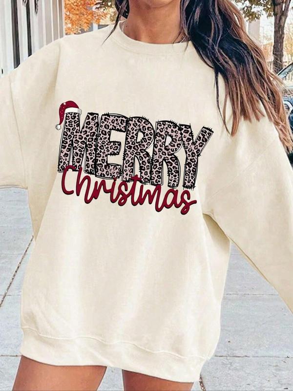 Women's Leopard Letter & Christmas Santa Hat Print Round Neck Pullover, Casual Long Sleeve Crew Neck Sweatshirt for Fall & Winter, Women's Clothes for Daily Wear