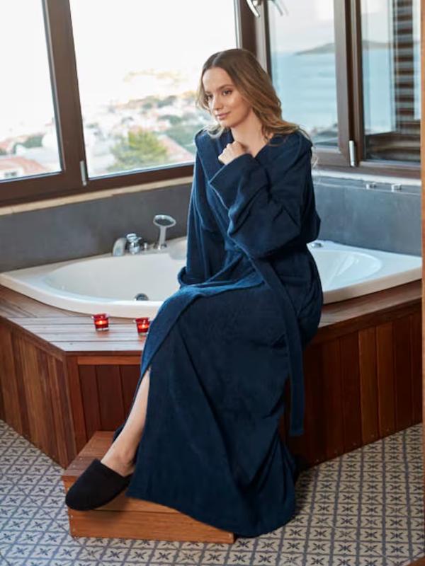 Women's Hooded Empress Cotton Terry Bathrobe Full Length Long, Belt Womenswear Comfort Gowns Pockets Nightwear Style Lady