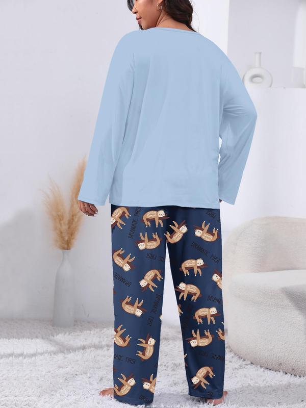  Two-Piece Set Cartoon Animals Print Tee & Elastic Waist Pants Pyjama Set, Casual Comfy Round Neck Long Sleeve T-shirt & Trousers PJ Set, Women's Sleepwear for Spring & Fall