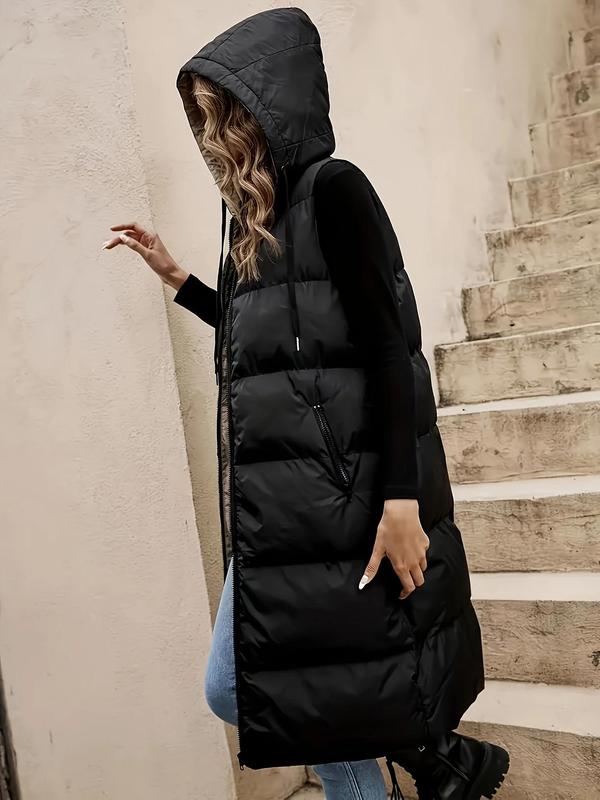 Women's Solid Drawstring Quilted Pocket Hooded Vest Coat, Casual Sleeveless Zip Up Outerwear for Fall & Winter, Women's Clothing for Daily Wear