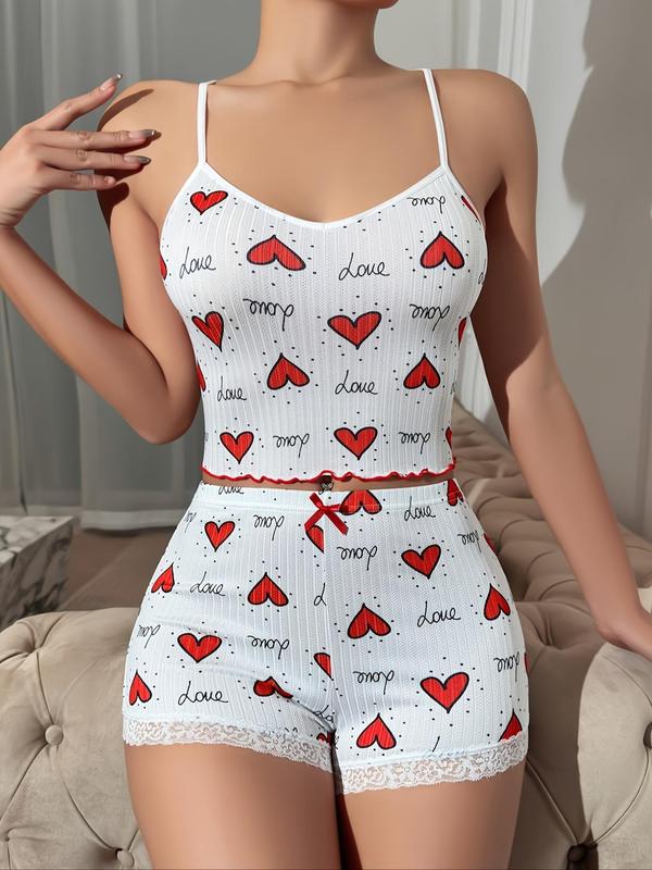 Two-Piece Set Women's Heart Print Contrast Mesh Pajama Set, Sheer Back Cami Top & Bow Front Lace Trim Shorts Pj Lounge Set, Cute Nightwear, Summer Sleepwear & Loungewear for Ladies Back To School