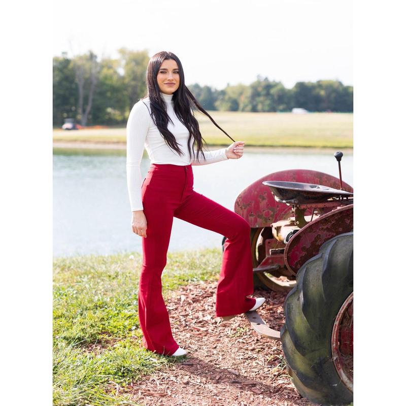 Fiona High Waisted Bell Bottom Flare Jeans - Red