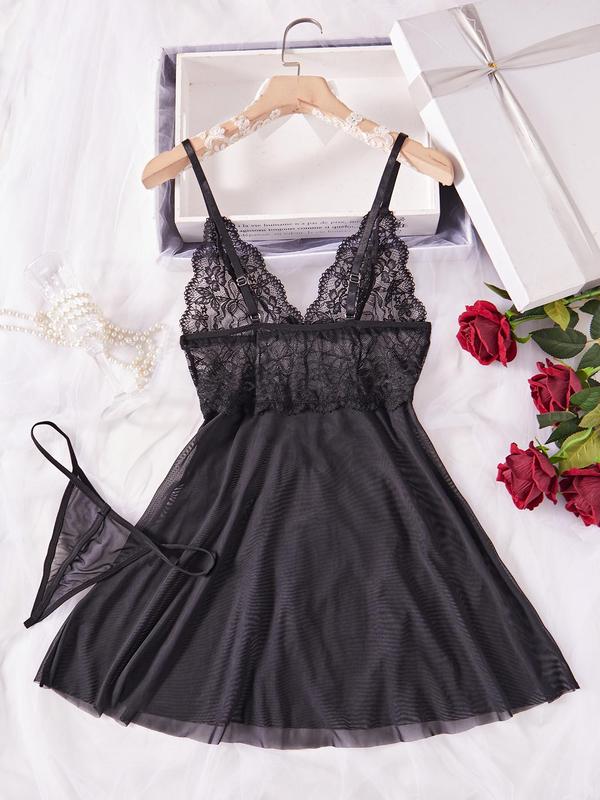 Women's Floral Lace Cami Nightdress & Thong Sexy Sleepwear Two-Piece Set, Romantic Comfy Nighty Dress & Panty Set, Women's Sleepwear for All Seasons