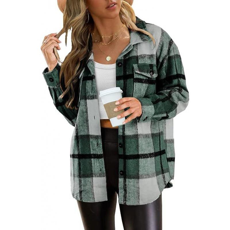 Autumn and Winter Women's Large Pocket Shirt Casual Plaid Top Loose Long Sleeve Ins Shirt