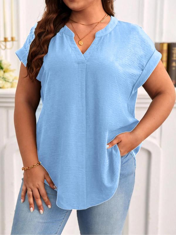  Plain Notched Neck Batwing Sleeve Shortsleeve Blouse, Plus Casual Short Sleeve Asymmetrical Hem Shirts Top for Lady, Going Out Tops, Plus Size Clothes, Women's Plus Clothing for Daily Wear, Womenswear, Summer Outfits 2024