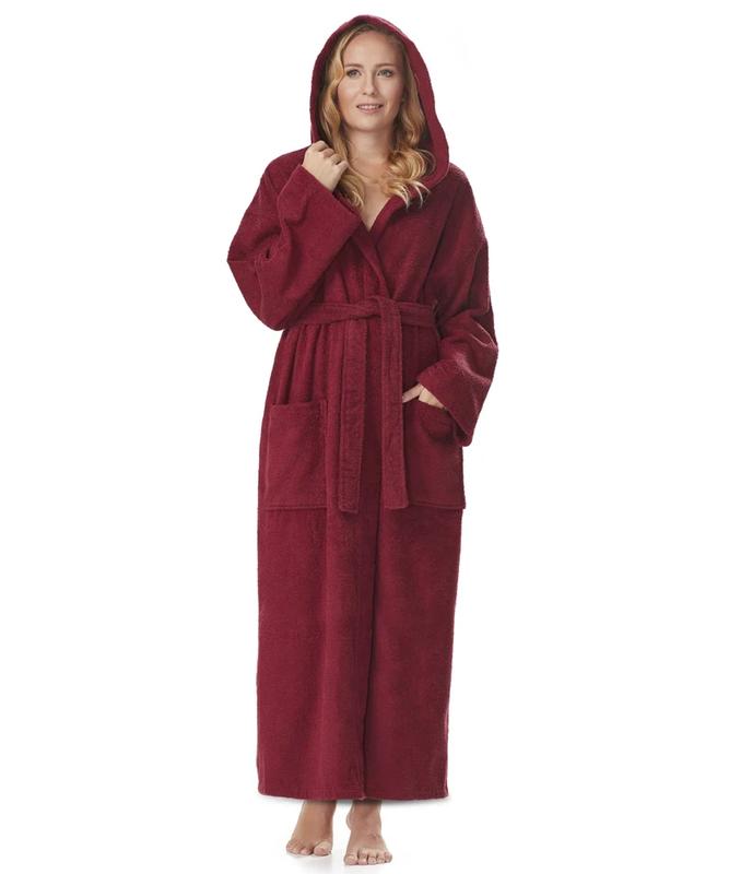 Women's Hooded Empress Cotton Terry Bathrobe Full Length Long, Belt Womenswear Comfort Gowns Pockets Nightwear Style Lady