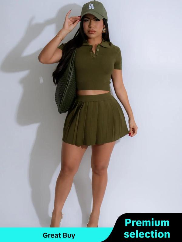 Women's Solid Color Polo Neck Crop Top & Pleated Skirt Two-piece Set, Casual Short Sleeve Crop Top & High Waist Skirt for Summer, Ladies Clothes for Daily Wear