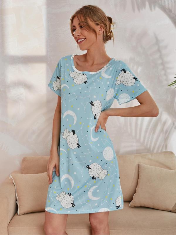 Women's All Over Print Round Neck Nightdress, Casual Soft Comfortable Short Sleeve Nightgown for Daily Wear, Ladies Sleepwear for All Seasons