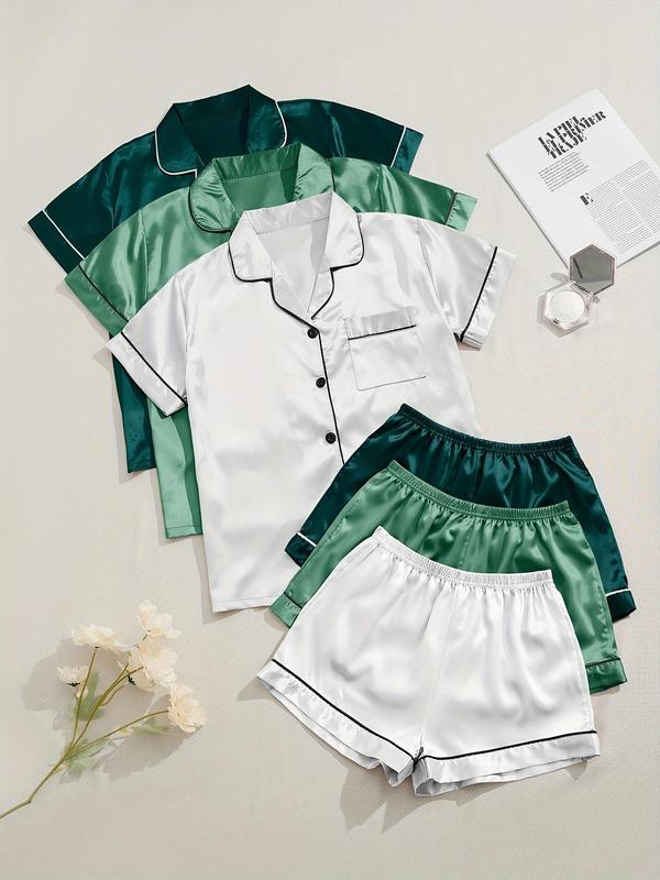 Soft Satin 6 Counts Women's Lapel Neck Short Sleeve Shirt & Elastic Waist Shorts Pajamas Set, Summer Clothes Women, Comfort Basic Minimalist Womenswear, Back To School Gifts, Button Front Shortsleeve Top & Shorts Pj Set, Sleepwear, Homewear