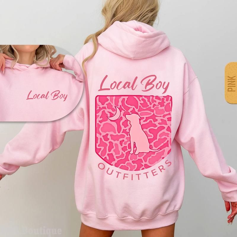 Local Boy Outfitters Hoodie,  Classic Camouflage Design Featuring Camo Dog and Moon Graphic Casual Hooded Pullover Cotton Womenswear Oversized Print