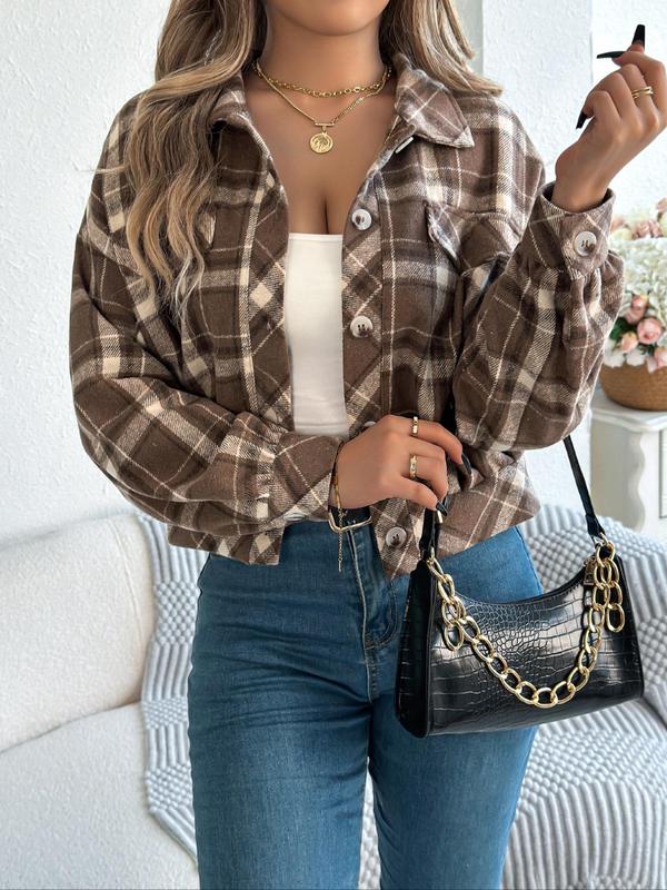 Women's Plaid Print Button Front Drop Shoulder Jacket, Casual Long Sleeve Collared Outerwear for Fall & Winter, Ladies Tops Clothes for Daily Wear