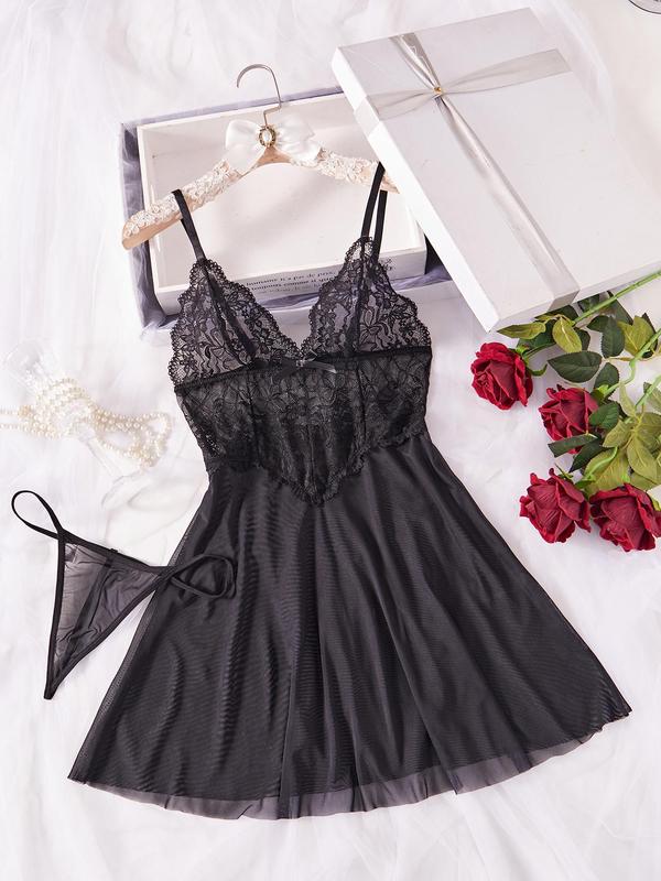 Women's Floral Lace Cami Nightdress & Thong Sexy Sleepwear Two-Piece Set, Romantic Comfy Nighty Dress & Panty Set, Women's Sleepwear for All Seasons