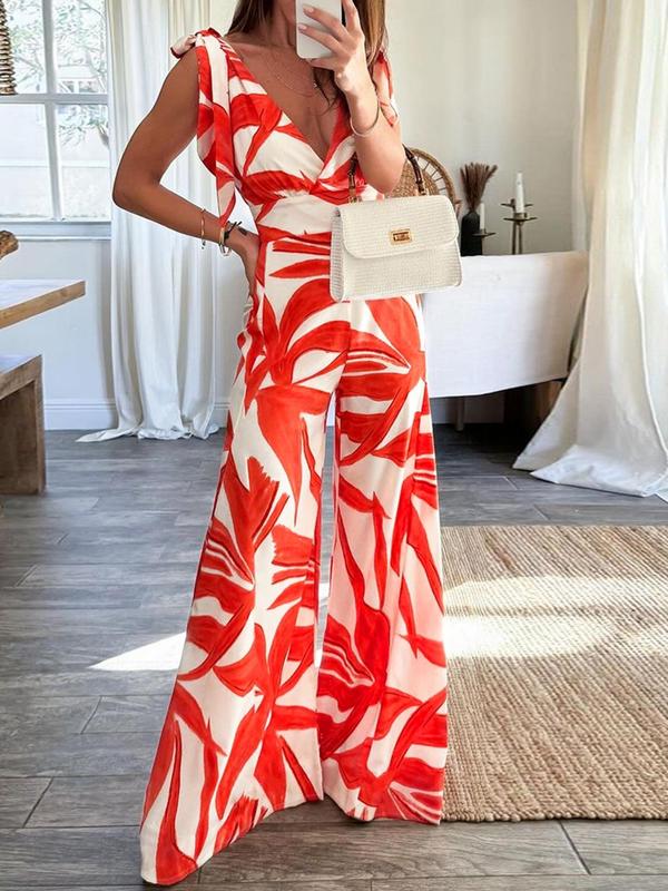 Women's Leaf Print Knot Shoulder Wrap Wide Leg Jumpsuit, Boho Sleeveless Deep V Neck High Waist Jumpsuit for Summer, Ladies Clothes for Beach Holiday Vacation