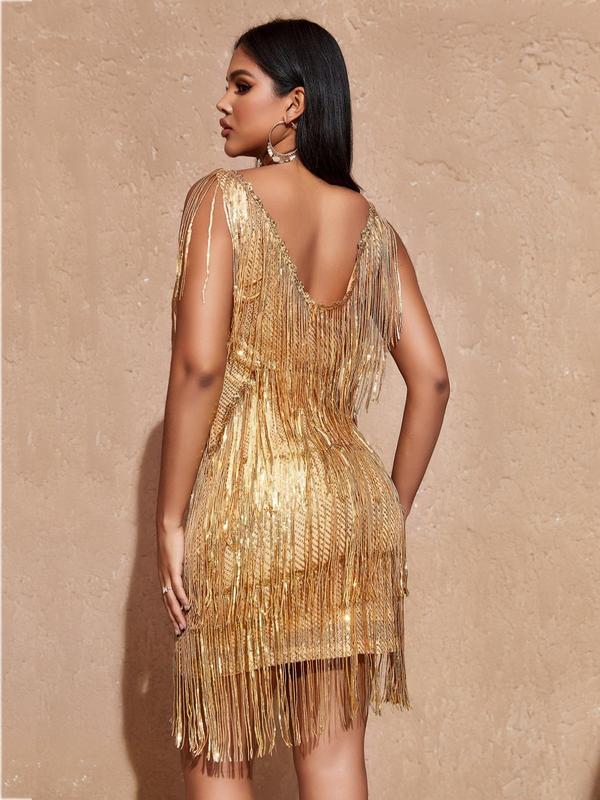 Women's Fringe Trim Backless Sequins Dress, Summer Clothes Women, Elegant V Neck Short Bodycon Dress For Party Club Ball, Ladies Summer Clothes