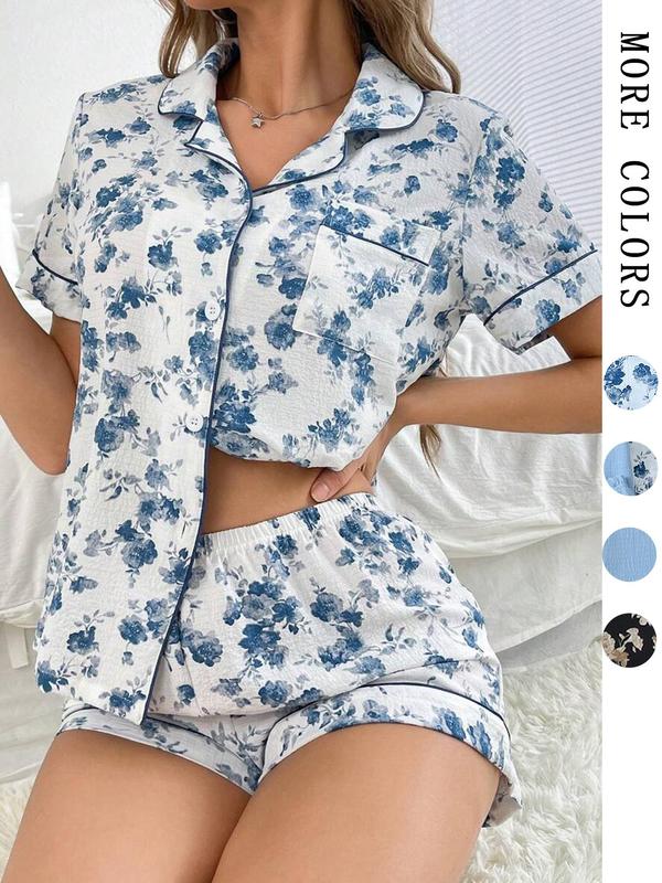 Women's Ditsy Floral Print Contrast Binding Loungewear Set, Button Front Pocket Top & Elastic Waist Shorts PJ Set, Casual Comfy Pyjama Set for Women