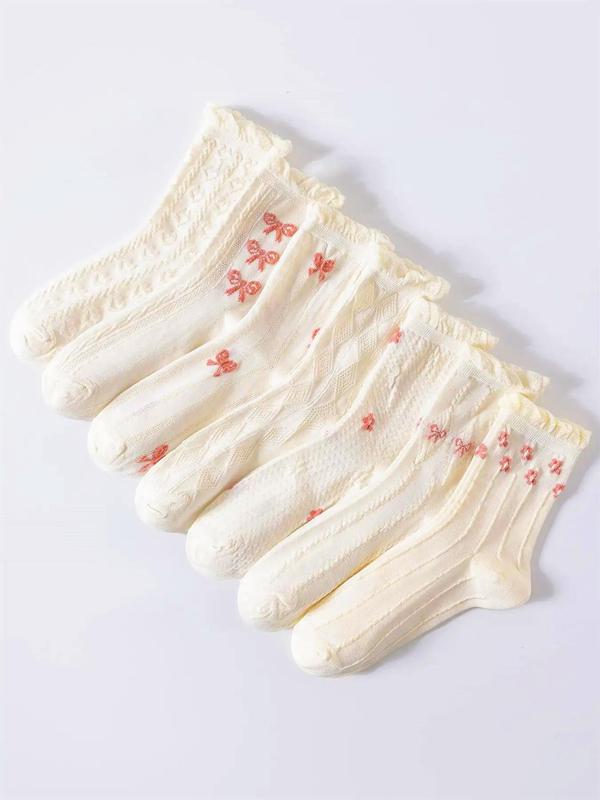 Women's 7 Pairs Bow & Floral Print Jacquard Frill Trim Crew Socks, Lady Casual Cute Soft Comfy Breathable Socks, Comfort Women Socks for All Seasons Daily Wear, Womenswear