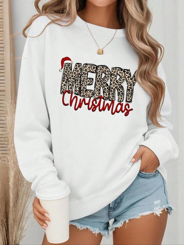 Women's Leopard Letter & Christmas Santa Hat Print Round Neck Pullover, Casual Long Sleeve Crew Neck Sweatshirt for Fall & Winter, Women's Clothes for Daily Wear