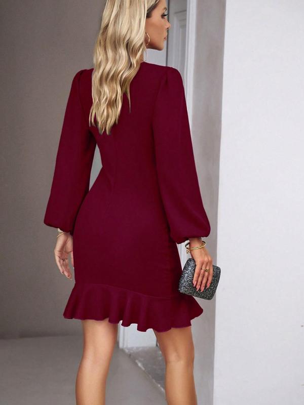 Women's Plain Ruched Ruffle Trim Zipper Bodycon Dress, Elegant Bishop Sleeve Short Dress for Party Holiday Wedding Guest, Ladies Fall & Winter Clothes Wedding Guest Dress