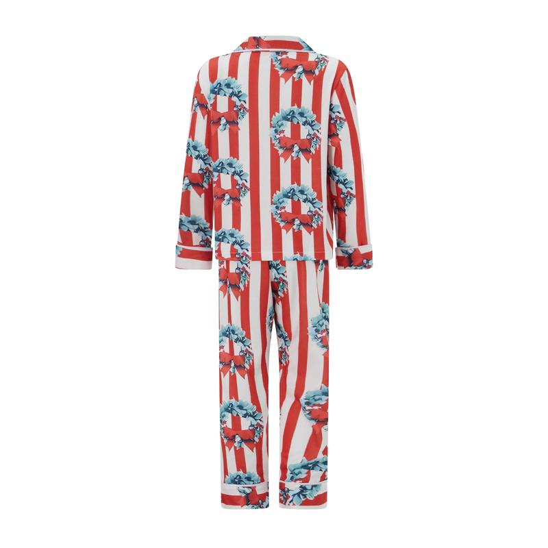 Family Matching Christmas Pajama Set, Striped Bow Wreath Print Long Sleeve Button Down Tops Elastic Waist Pants