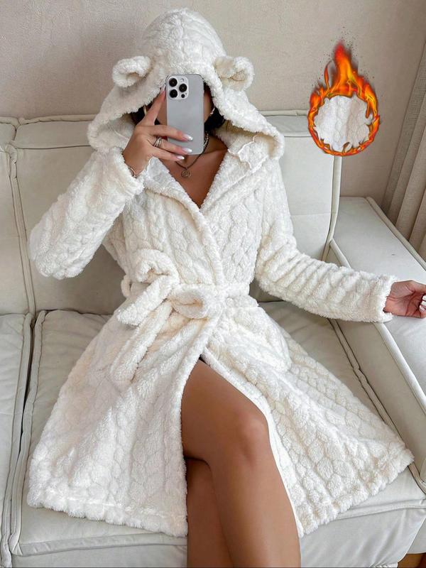 Women's Solid Belted Hooded Coral Fleece Bathrobe, Casual Long Sleeve Warm Robe, Ladies Sleepwear for Fall & Winter