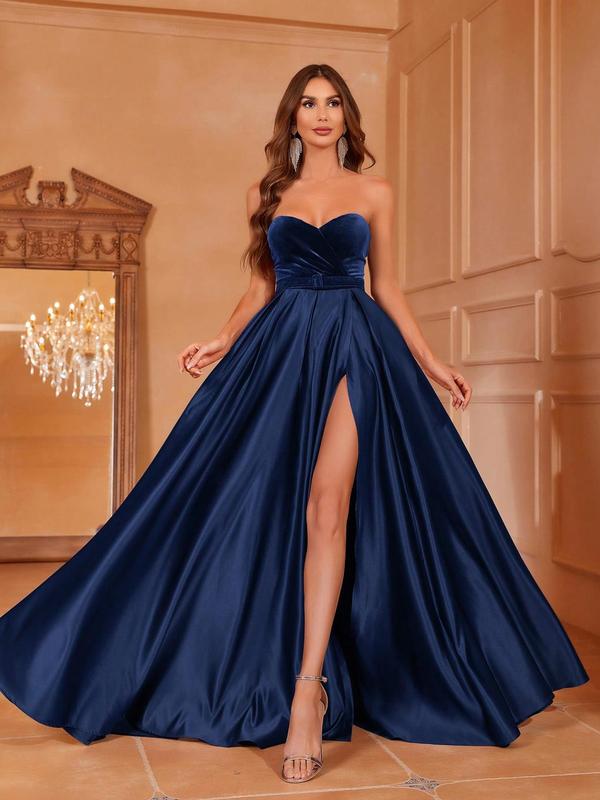 Women's Solid Backless Split Thigh Velvet Satin Evening Dress, Elegant Wrap Belted Maxi Tube Dress for Party Banquet, Ladies' Clothes for All Seasons