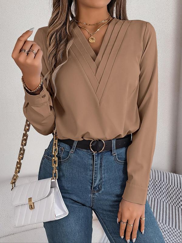 Women's Plain V Neck Blouse, Elegant Long Sleeve Shirts Top for Spring & Fall, Fall Outfits, Ladies Clothes for Daily Wear, Fall Clothing Women, Comfort Womenswear, Going Out Tops, Fall Clothes