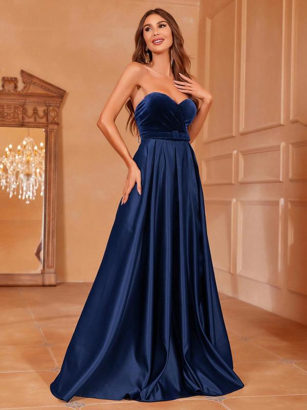 Women's Solid Backless Split Thigh Velvet Satin Evening Dress, Elegant Wrap Belted Maxi Tube Dress for Party Banquet, Ladies' Clothes for All Seasons