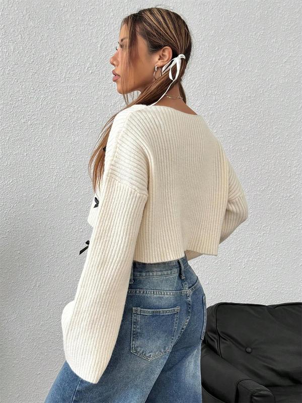 Women's Plain Drop Shoulder Sweater, Casual Long Sleeve V Neck Jumper for Spring & Fall, Fashion Women's Knitwear for Daily Wear