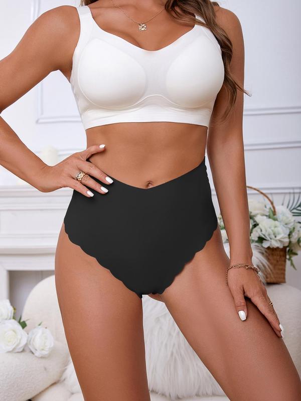 Women's Solid Scallop Trim High Waist Panty, Soft Comfy Breathable Seamless Knicker for Daily Wear, Underwear for All Seasons