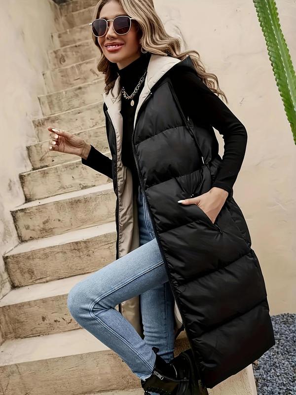 Women's Solid Drawstring Quilted Pocket Hooded Vest Coat, Casual Sleeveless Zip Up Outerwear for Fall & Winter, Women's Clothing for Daily Wear