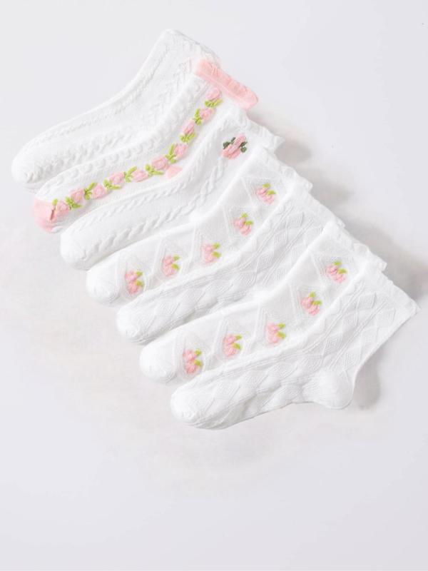 Women's 7 Pairs Bow & Floral Print Jacquard Frill Trim Crew Socks, Lady Casual Cute Soft Comfy Breathable Socks, Comfort Women Socks for All Seasons Daily Wear, Womenswear