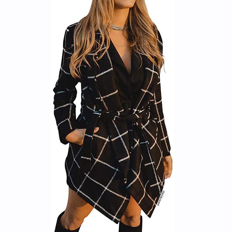 Autumn and Winter Hot Sale Lace-up Plaid Color Matching Woolen Coat Mid-Length Trench Coat for Women