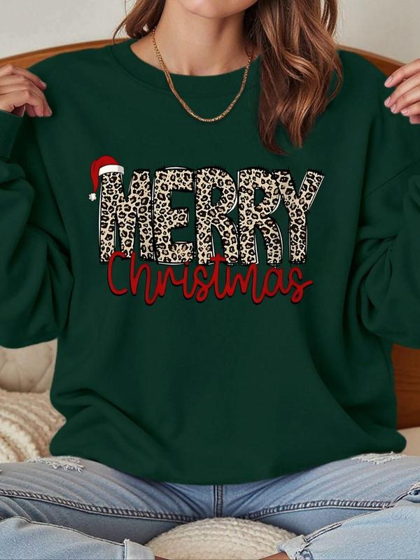 Women's Leopard Letter & Christmas Santa Hat Print Round Neck Pullover, Casual Long Sleeve Crew Neck Sweatshirt for Fall & Winter, Women's Clothes for Daily Wear