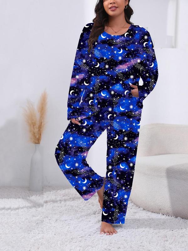  Two-Piece Set Galaxy Print Tee & Elastic Waist Pants Pyjama, Casual Comfy Round Neck Long Sleeve T-shirt & Trousers PJ Set, Women's Sleepwear for Spring & Fall