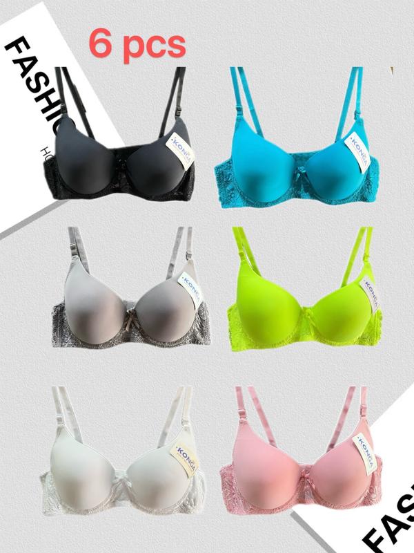 04 konga 6-Pack Assorted Colors Ultra-Soft Seamless Push-Up Bras, Comfortable Everyday Supportive T-Shirt Bras For Women, Elegant Style Versatile Value Set With Breathable Cups