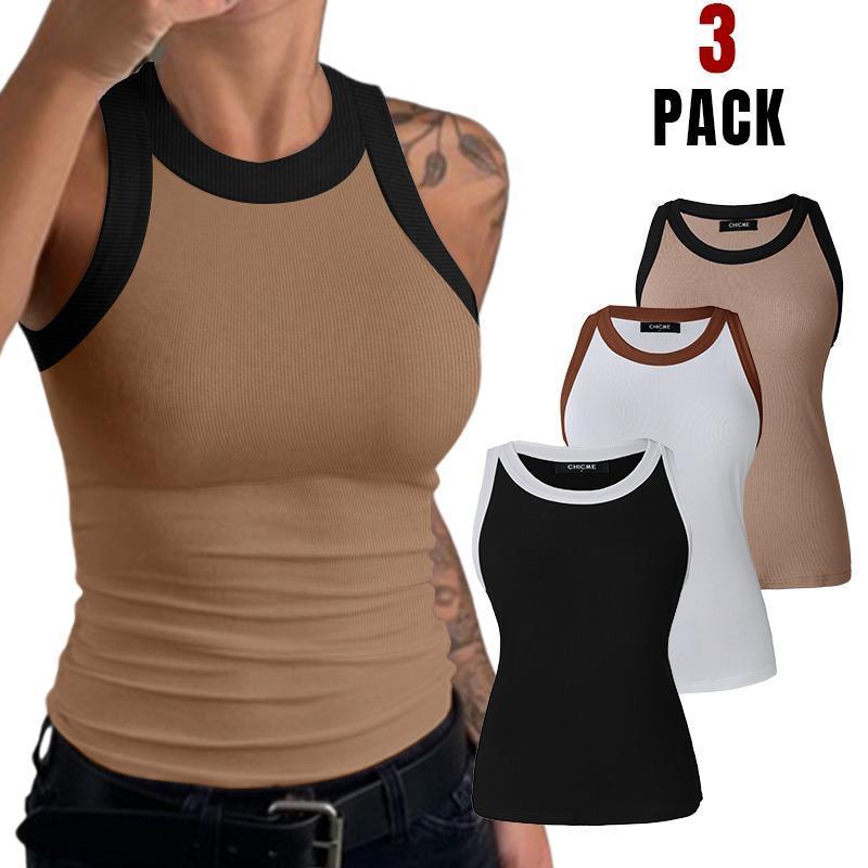 Chicme 3-Piece Contrast Binding Basic Slim Knit Ribbed Racerback Tank Top casual tanktop top