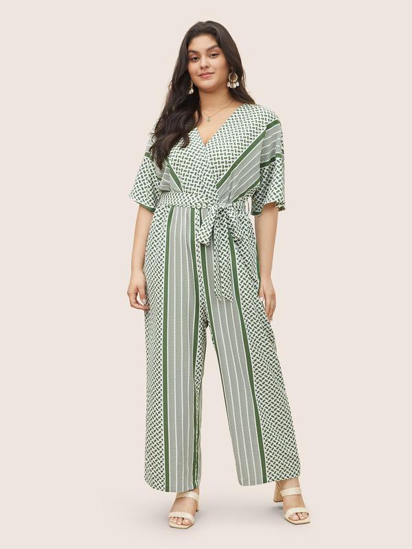 BloomChic Geometric Contrast Dolman Sleeve Pocket Belted Wrap Jumpsuit