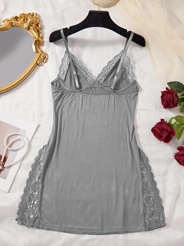 [Plus Size] Contrast Lace Split Thigh Cami Nightdress, Casual Soft Comfortable Spaghetti Strap Nightgown for Women, Women's Sleepwear for All Seasons, Night Gown for Women 2000s Wear Womenswear Loungewear Homewear Basic Minimalist Sleeveless