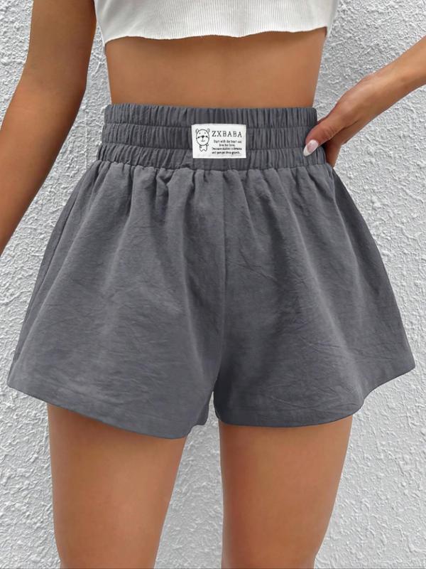 Women's Letter & Bear Patched Elastic Waist Shorts, Casual Plain Shorts,  Shorts for Women, Women's Bottoms for Daily Wear